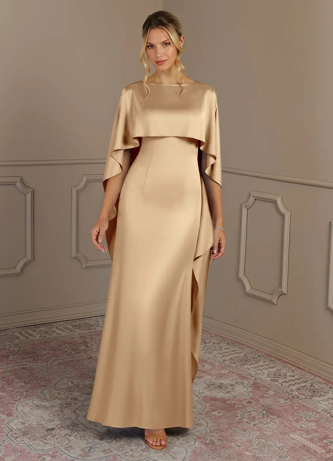 Elegant Sheath Round-Neck Cape-Sleeve Square-Back Floor-Length Satin Mother of the Bride Dress