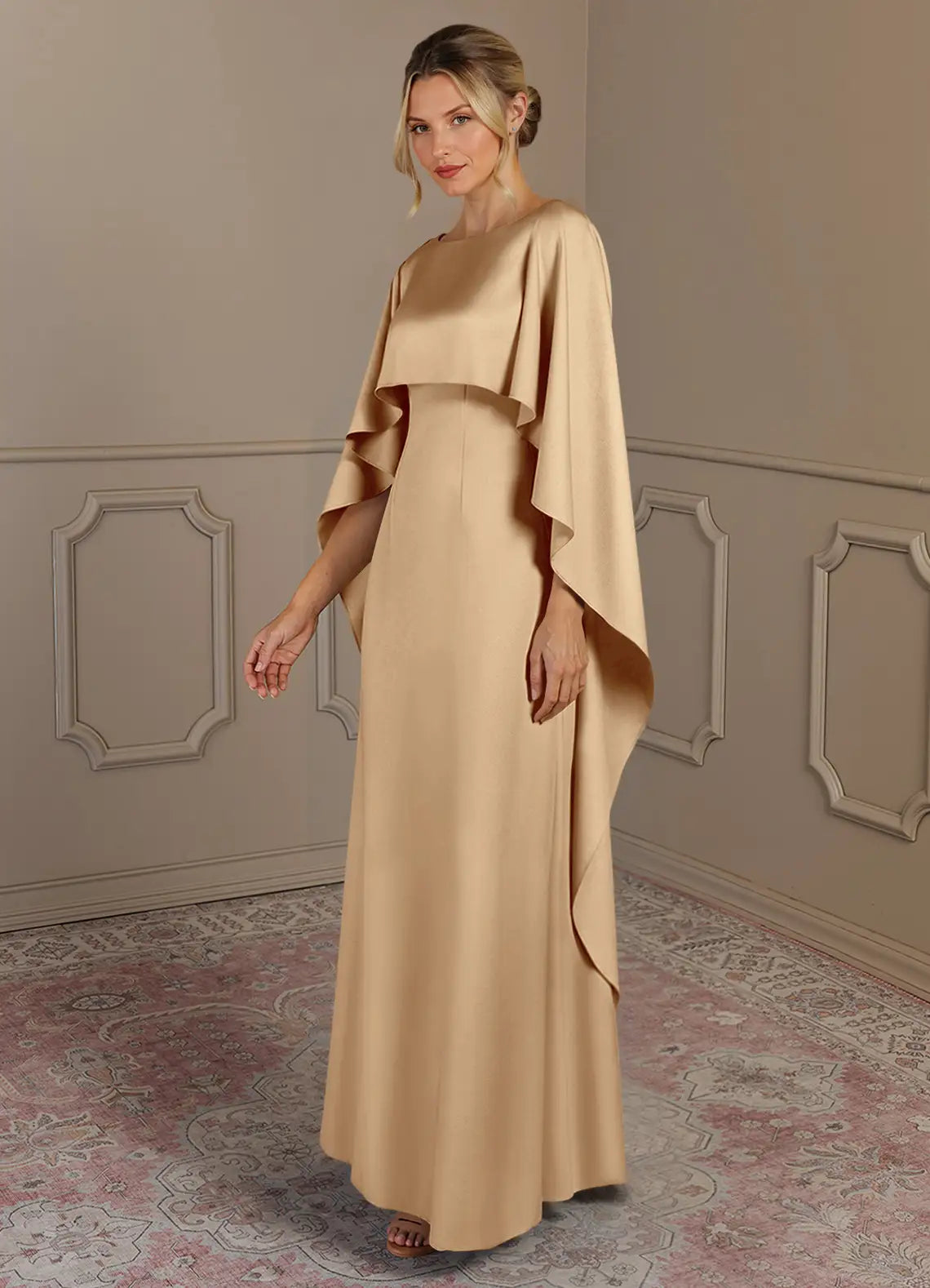 Elegant Sheath Round-Neck Cape-Sleeve Square-Back Floor-Length Satin Mother of the Bride Dress