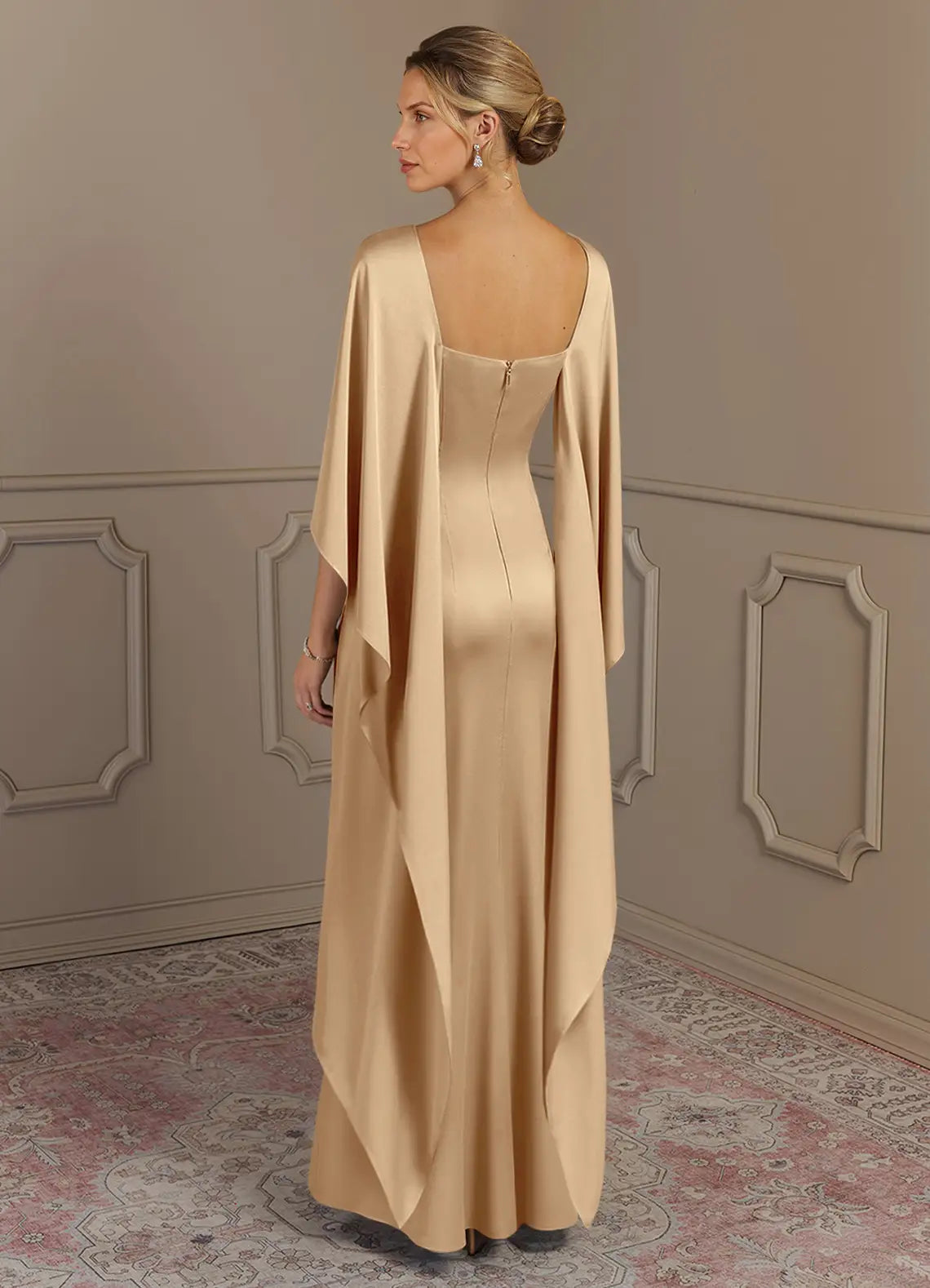 Elegant Sheath Round-Neck Cape-Sleeve Square-Back Floor-Length Satin Mother of the Bride Dress