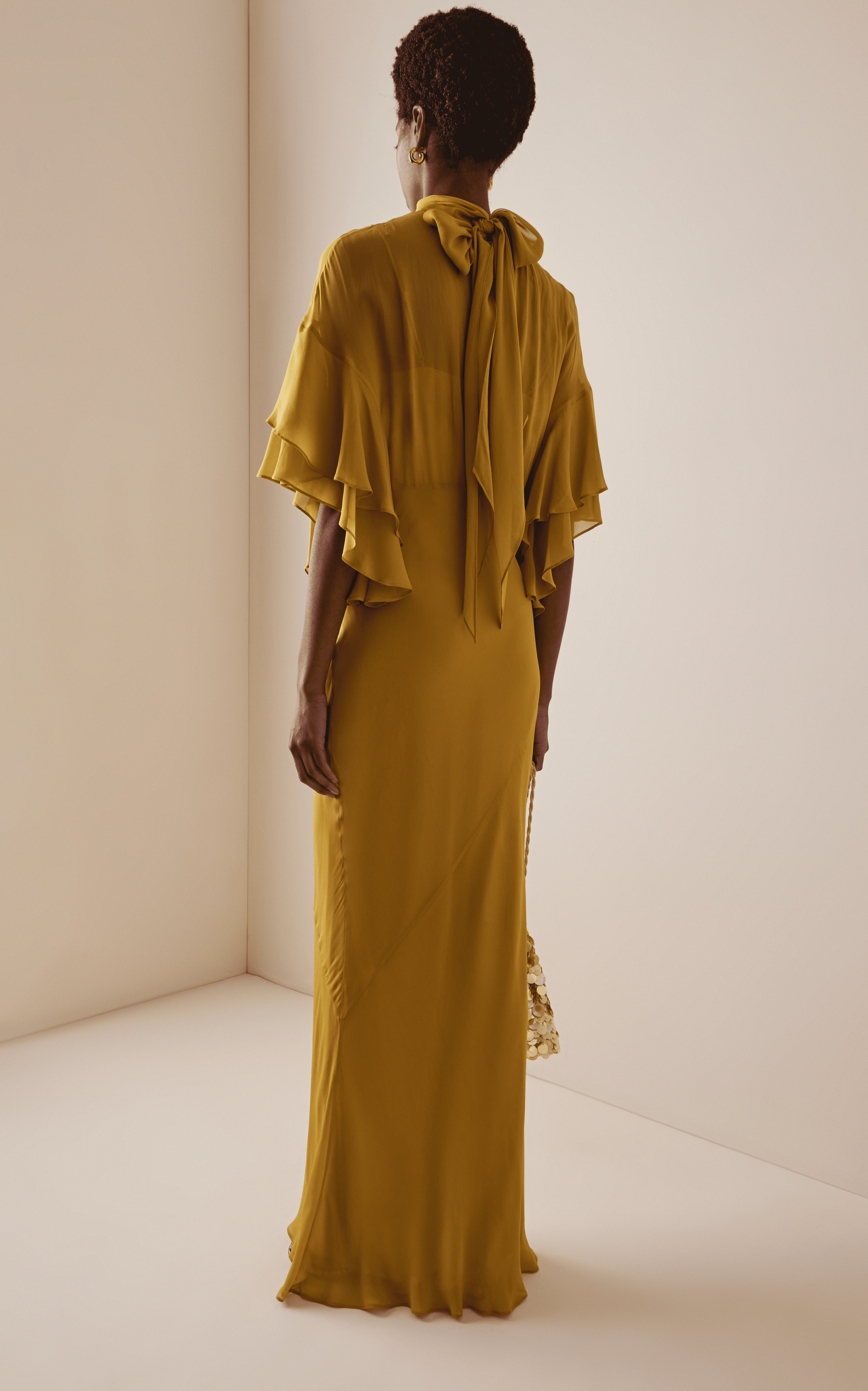 Elegant Sheer Chiffon Mermaid High Neck Ruffle Sleeve Tie Back Maxi Evening Gown
