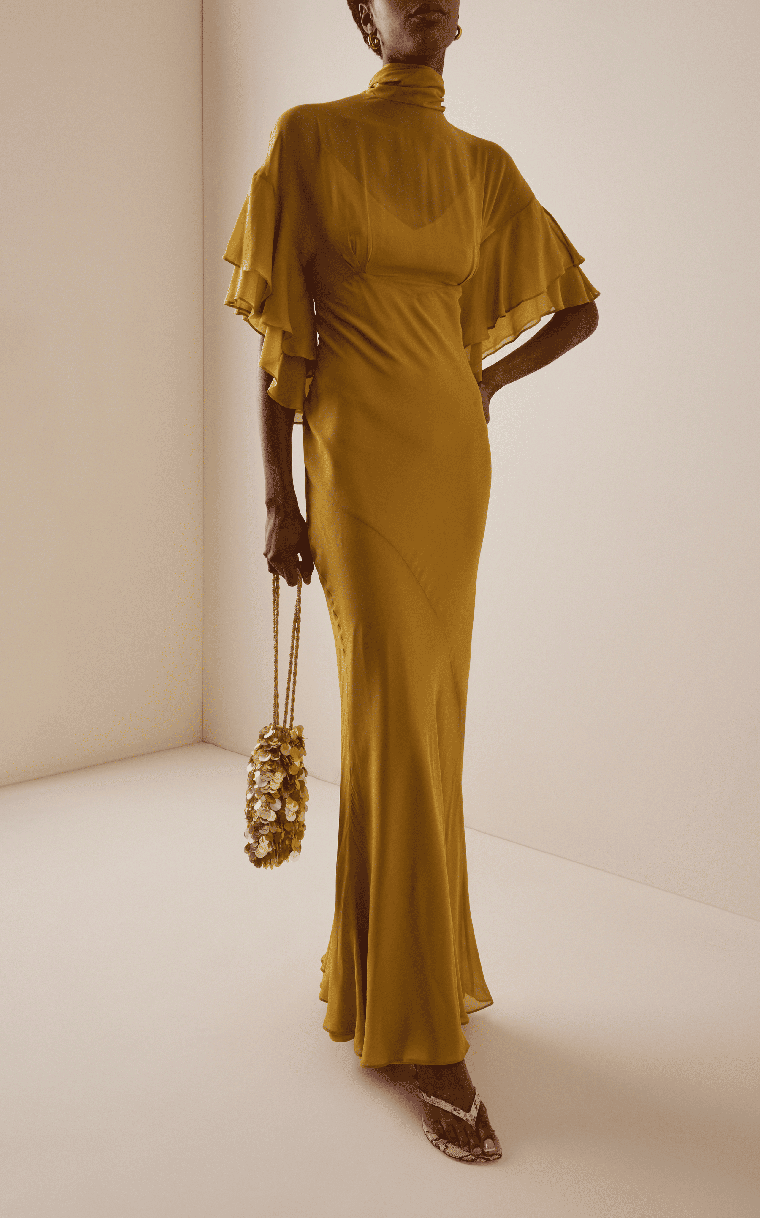 Elegant Sheer Chiffon Mermaid High Neck Ruffle Sleeve Tie Back Maxi Evening Gown
