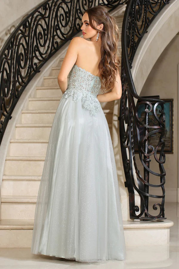 Elegant Silver A Line Strapless Sweetheart Corset Back High Slit Floor Length Evening Dress