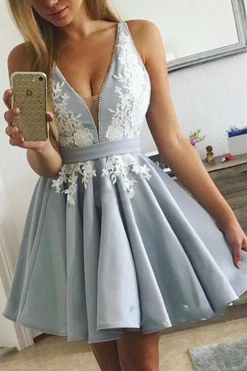 Elegant Silver Satin A-line Deep V Thin Spaghetti Strap White Lace Applique Open Back Mini Homecoming Dresses