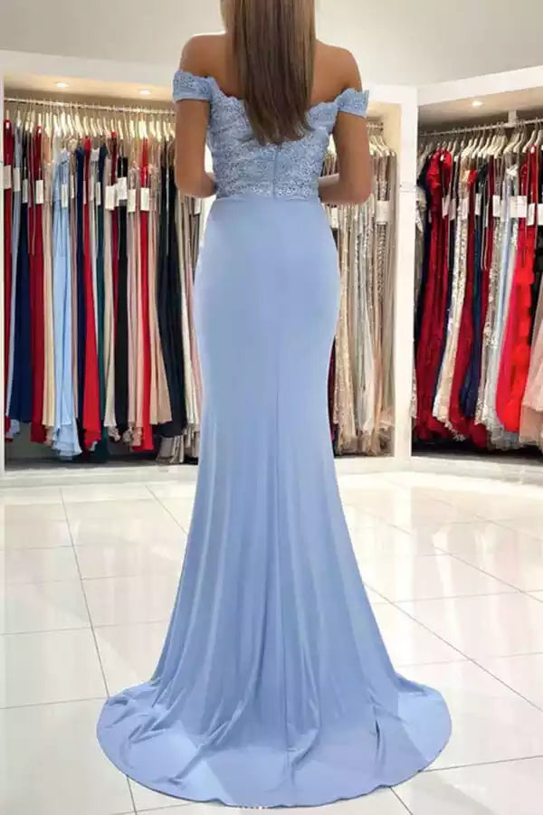 Elegant Sky Blue Mermaid Gown with Off-the-Shoulder Lace Bodice & Train