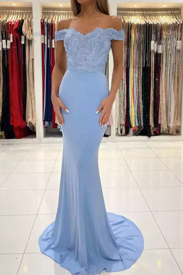 Elegant Sky Blue Mermaid Gown with Off-the-Shoulder Lace Bodice & Train