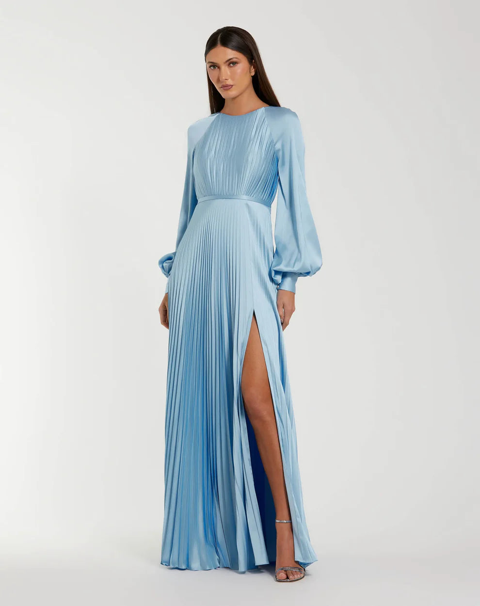 Elegant Sky Blue Pleated Satin Gown Round Neck Balloon Long Sleeves Zipper Back High Slit Floor-Length Evening Dresses