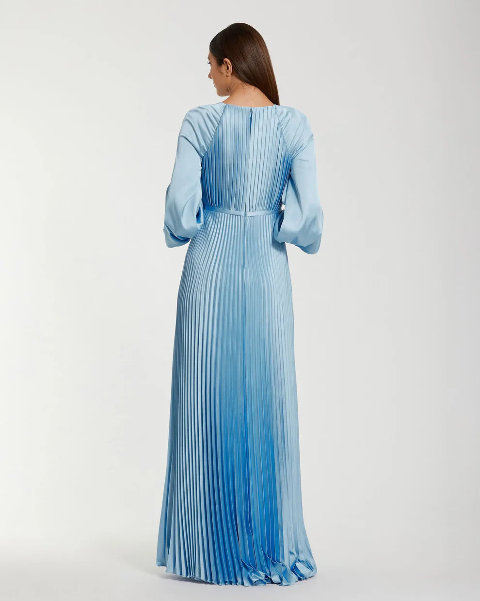 Elegant Sky Blue Pleated Satin Gown Round Neck Balloon Long Sleeves Zipper Back High Slit Floor-Length Evening Dresses