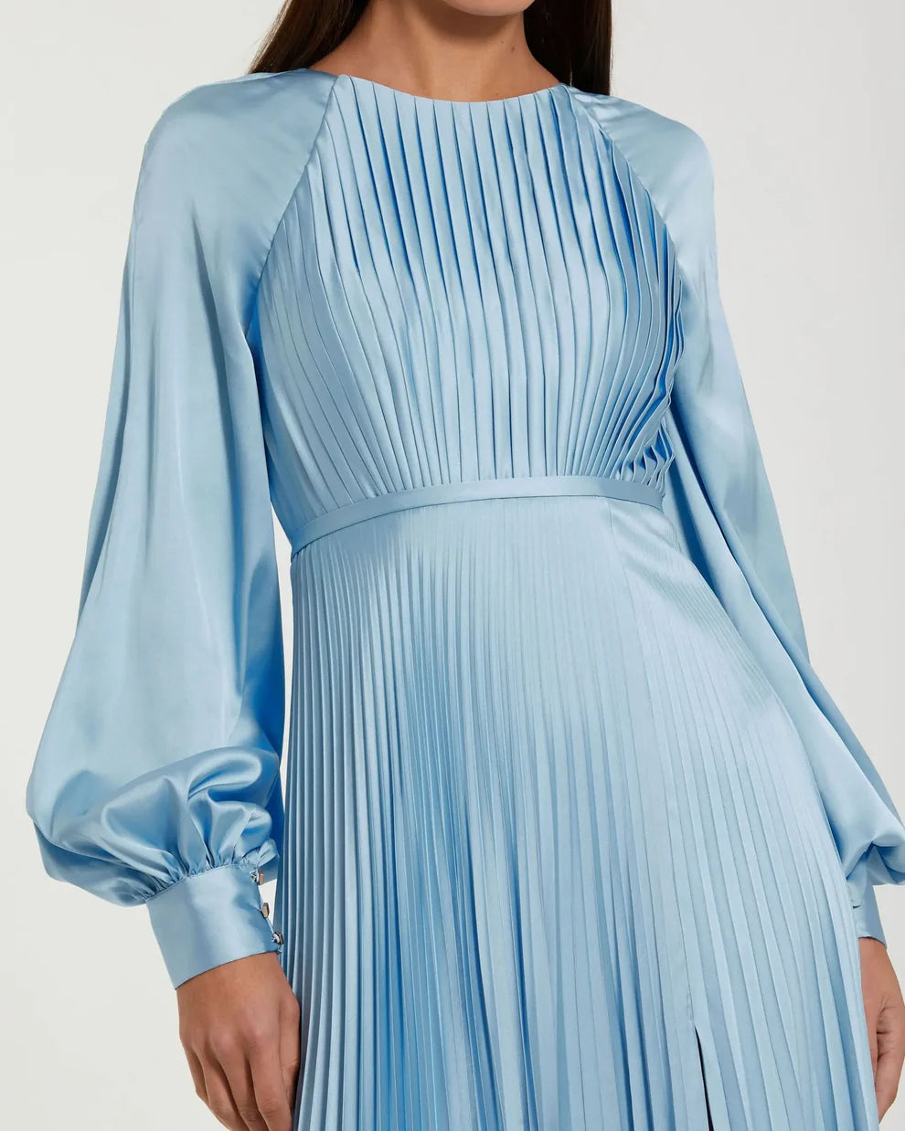 Elegant Sky Blue Pleated Satin Gown Round Neck Balloon Long Sleeves Zipper Back High Slit Floor-Length Evening Dresses