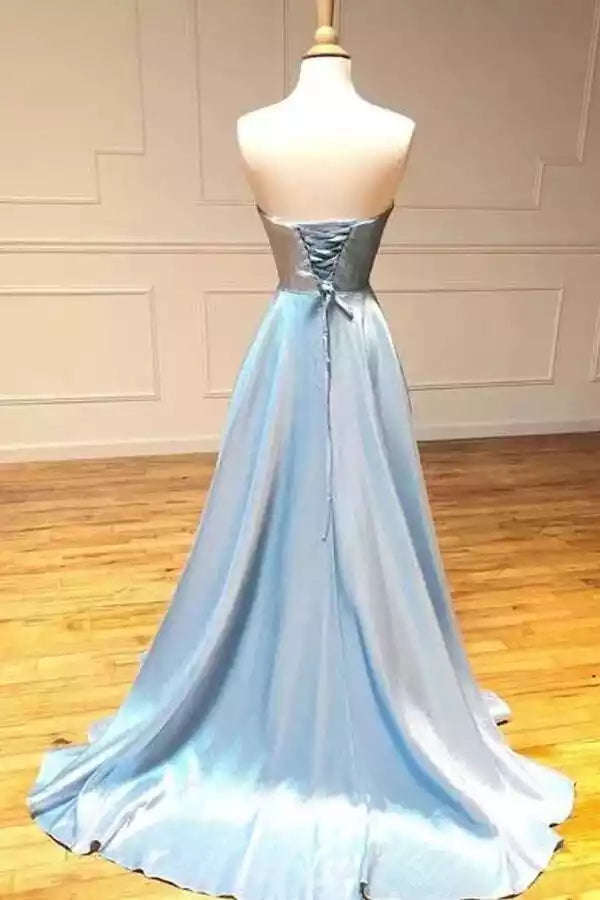 Elegant Sky Blue Satin A-Line Gown with Sweetheart Neck & Lace-Up Back