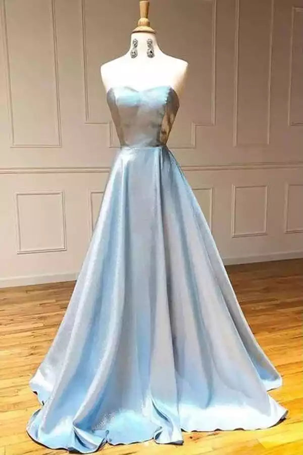 Elegant Sky Blue Satin A-Line Gown with Sweetheart Neck & Lace-Up Back