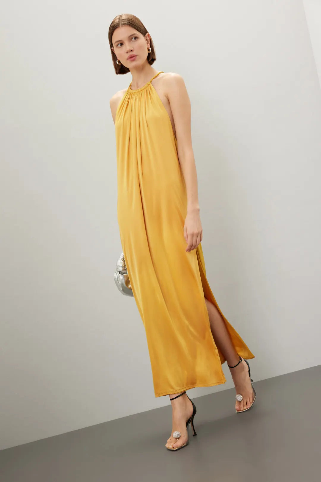 Elegant Solid Satin Maxi Halter Sleeveless Draped Detail Evening Dresses