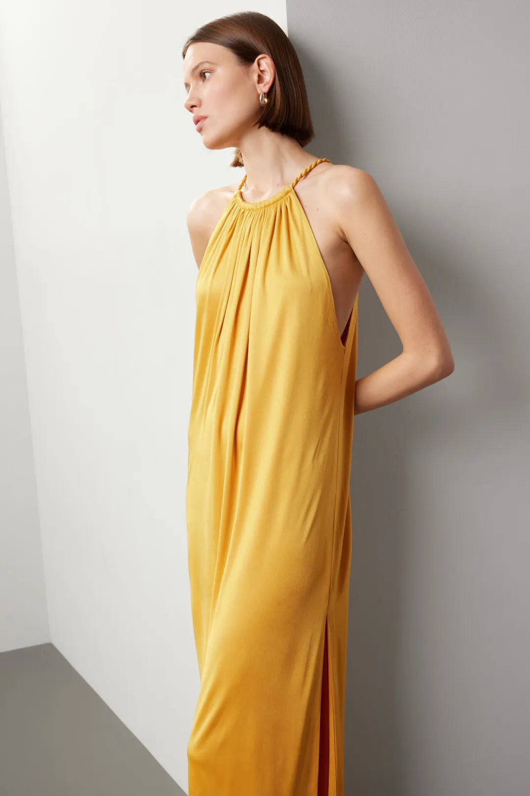 Elegant Solid Satin Maxi Halter Sleeveless Draped Detail Evening Dresses