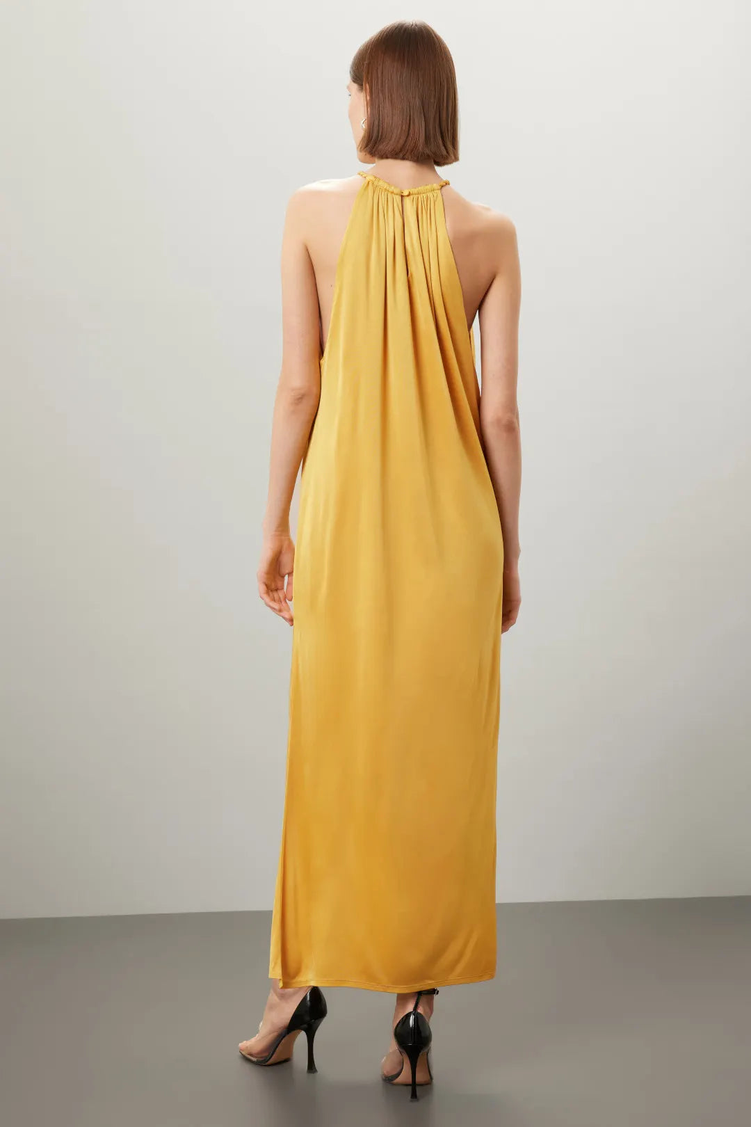 Elegant Solid Satin Maxi Halter Sleeveless Draped Detail Evening Dresses