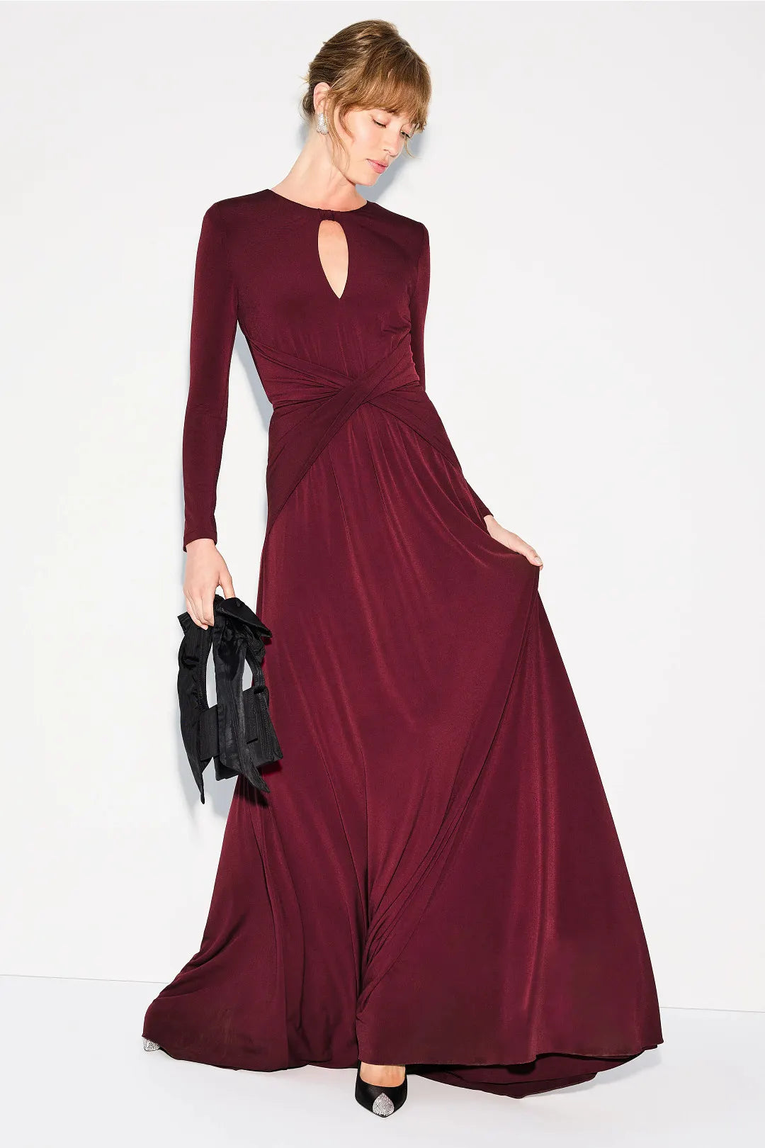 Elegant Solid Stretch Jersey Flowy A-Line Maxi Round Neck Keyhole Long Sleeve Twist Waist Invisible Zipper Back Floor-Length Evening Dresses