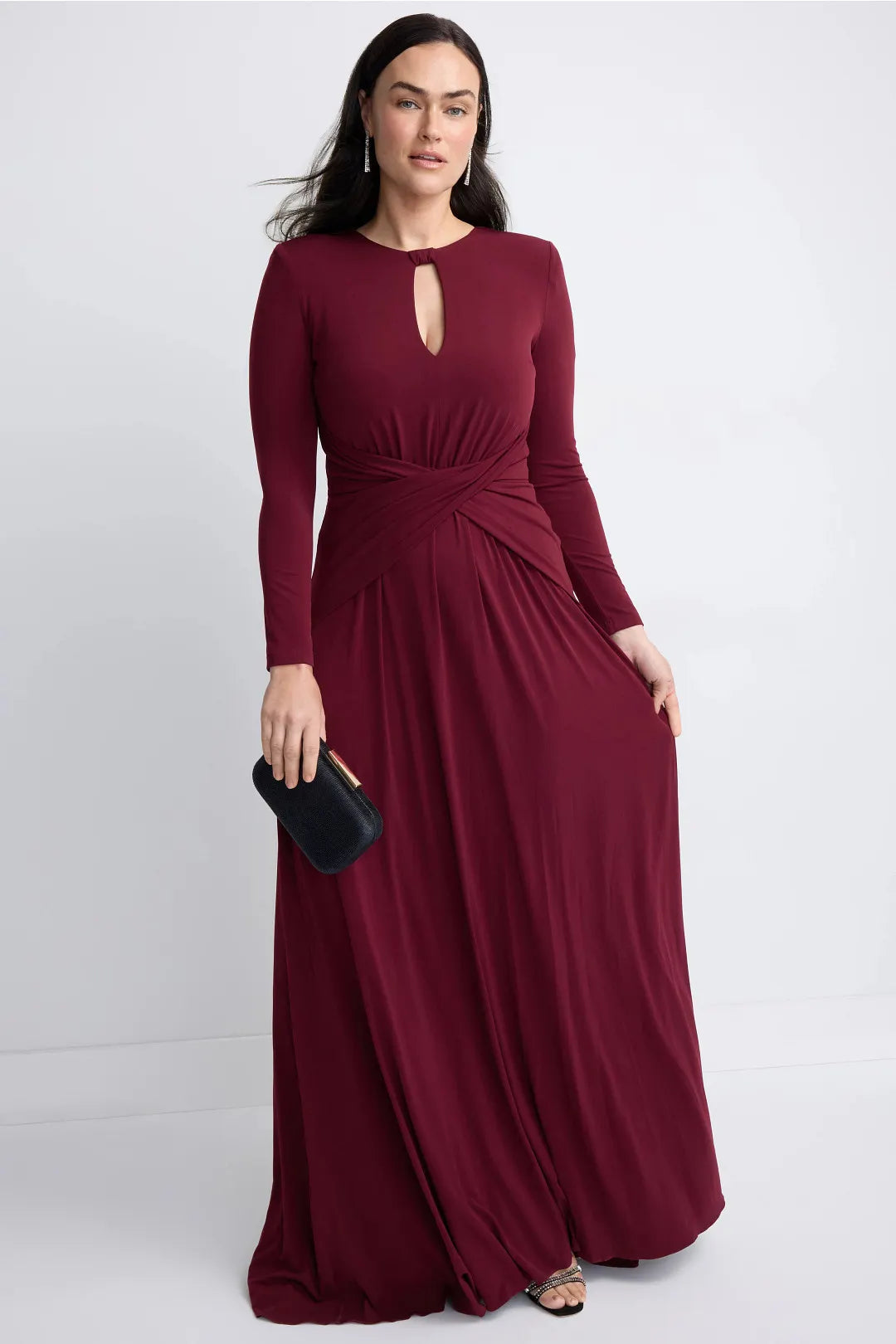Elegant Solid Stretch Jersey Flowy A-Line Maxi Round Neck Keyhole Long Sleeve Twist Waist Invisible Zipper Back Floor-Length Evening Dresses