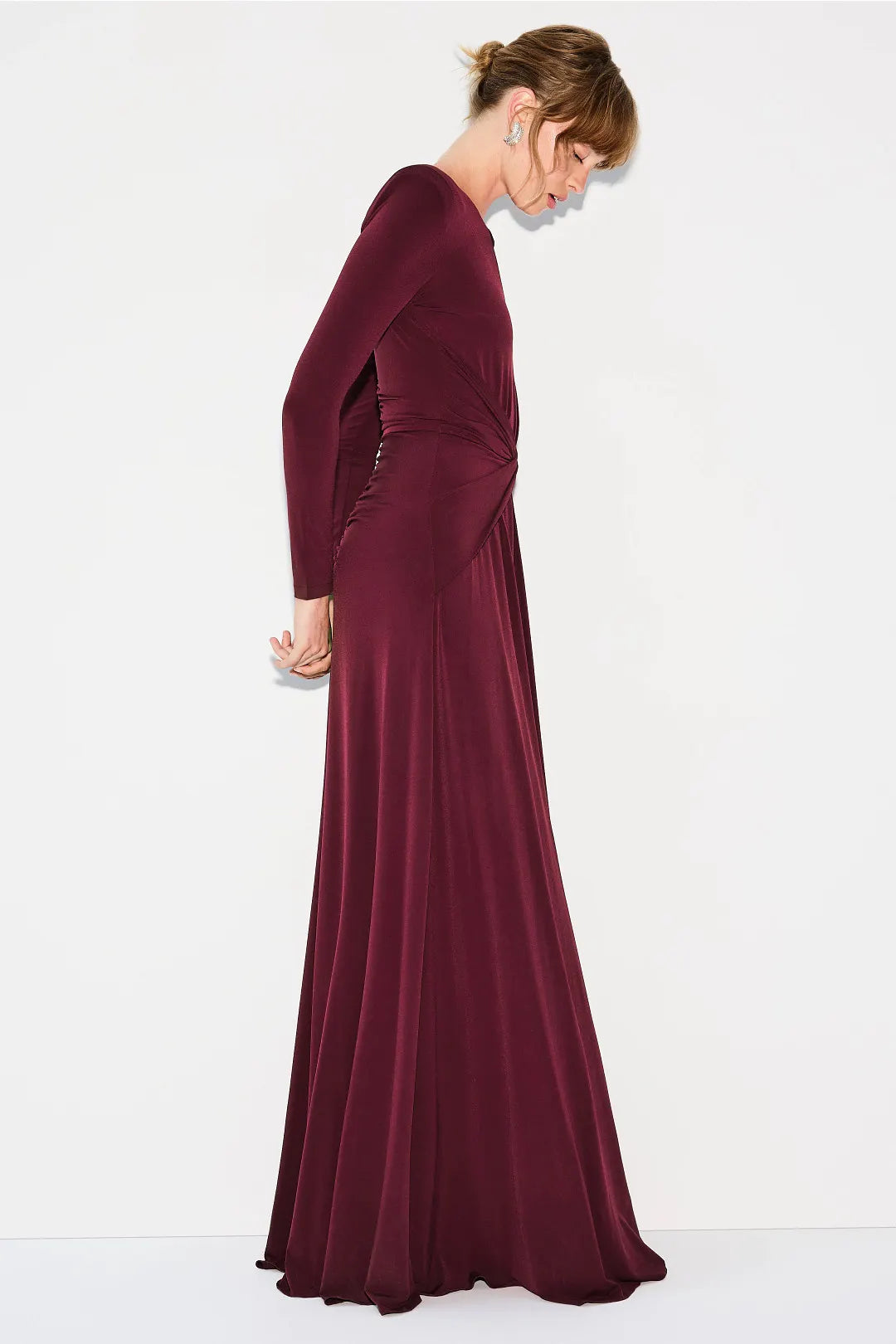 Elegant Solid Stretch Jersey Flowy A-Line Maxi Round Neck Keyhole Long Sleeve Twist Waist Invisible Zipper Back Floor-Length Evening Dresses