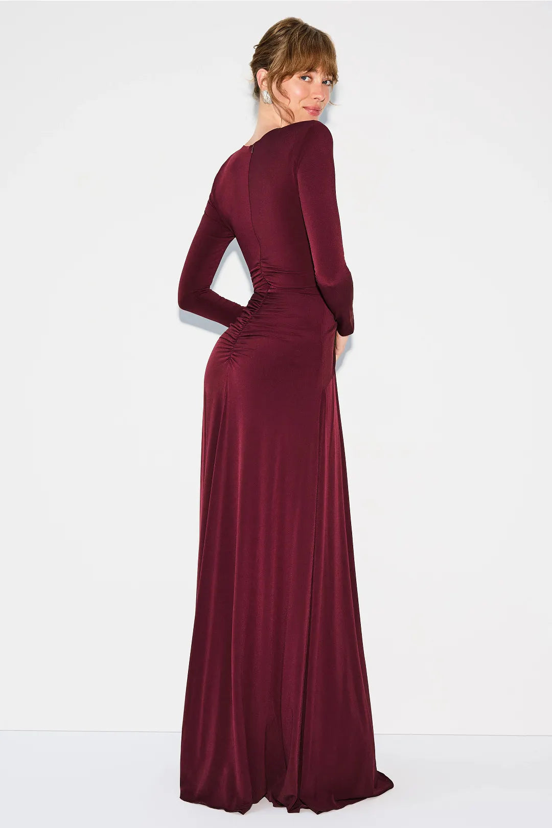 Elegant Solid Stretch Jersey Flowy A-Line Maxi Round Neck Keyhole Long Sleeve Twist Waist Invisible Zipper Back Floor-Length Evening Dresses