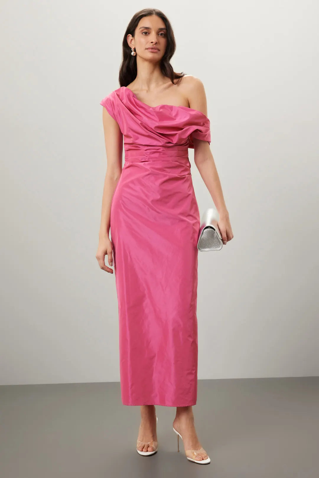 Elegant Solid Taffeta Maxi Asymmetrical One-Shoulder Ruched Detail Evening Dresses