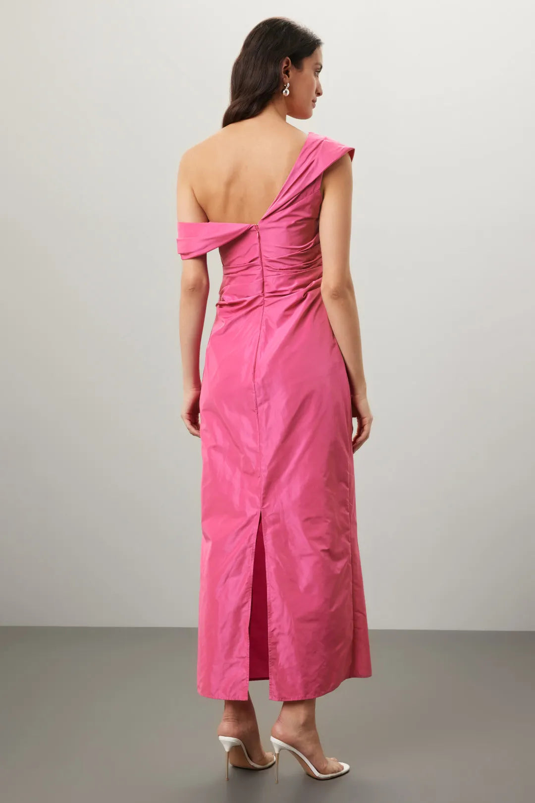 Elegant Solid Taffeta Maxi Asymmetrical One-Shoulder Ruched Detail Evening Dresses