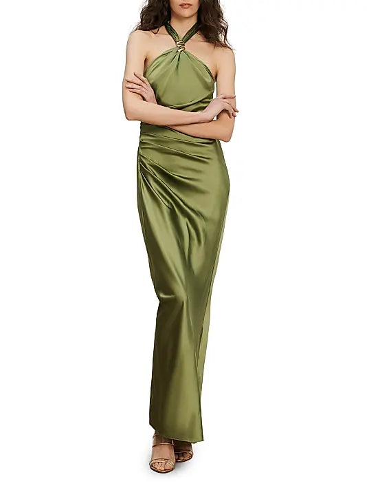 Elegant Sophisticated Fitted Sheath Spaghetti Strap Back Zipper Floor-Length Ruched Satin Evening Dresses