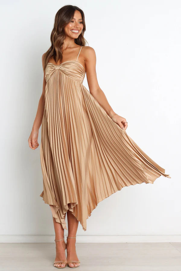 Elegant Spaghetti-Strap Bow-Bust Pleated Asymmetric Midi Evening Dress