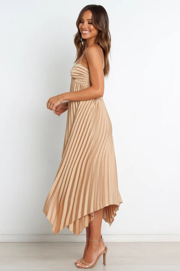 Elegant Spaghetti-Strap Bow-Bust Pleated Asymmetric Midi Evening Dress