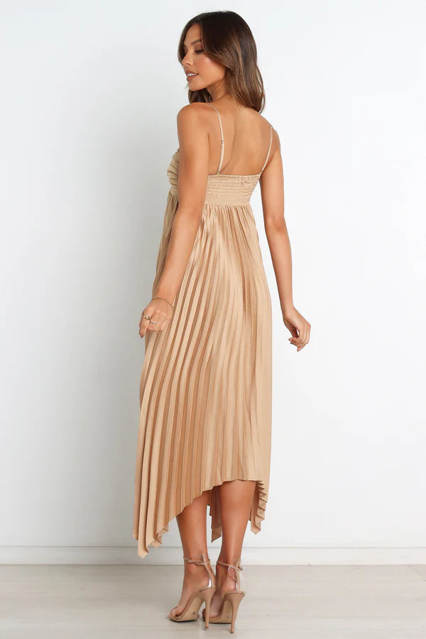 Elegant Spaghetti-Strap Bow-Bust Pleated Asymmetric Midi Evening Dress