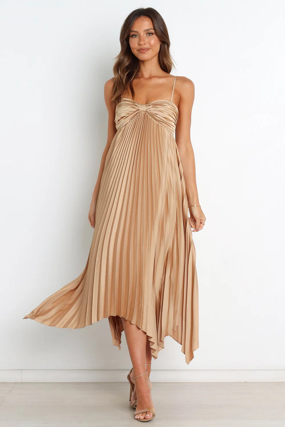 Elegant Spaghetti-Strap Bow-Bust Pleated Asymmetric Midi Evening Dress