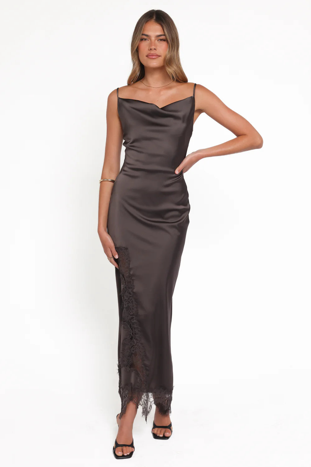 Elegant Spaghetti-Strap Cowl-Neck Lace-Trimmed Satin Floor-Length Evening Dress