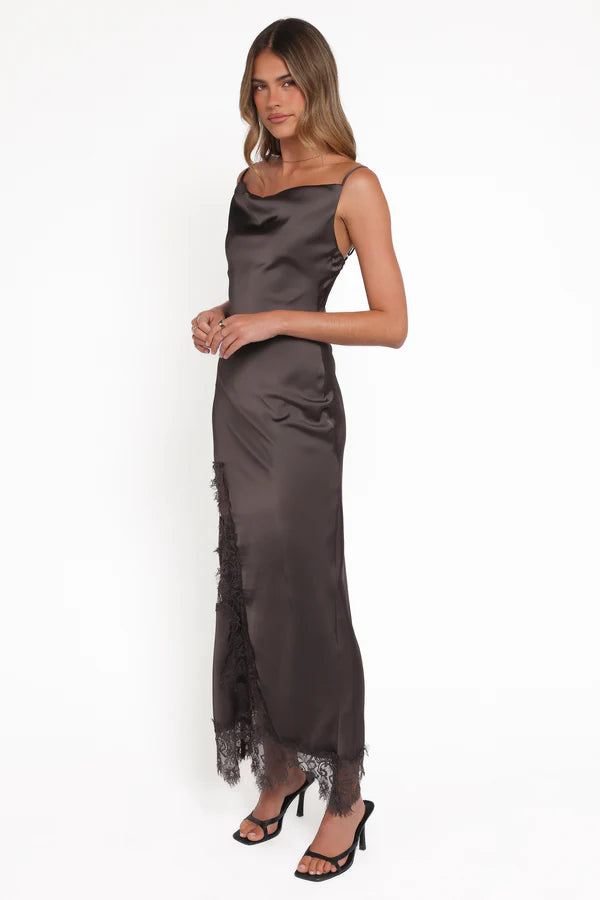 Elegant Spaghetti-Strap Cowl-Neck Lace-Trimmed Satin Floor-Length Evening Dress
