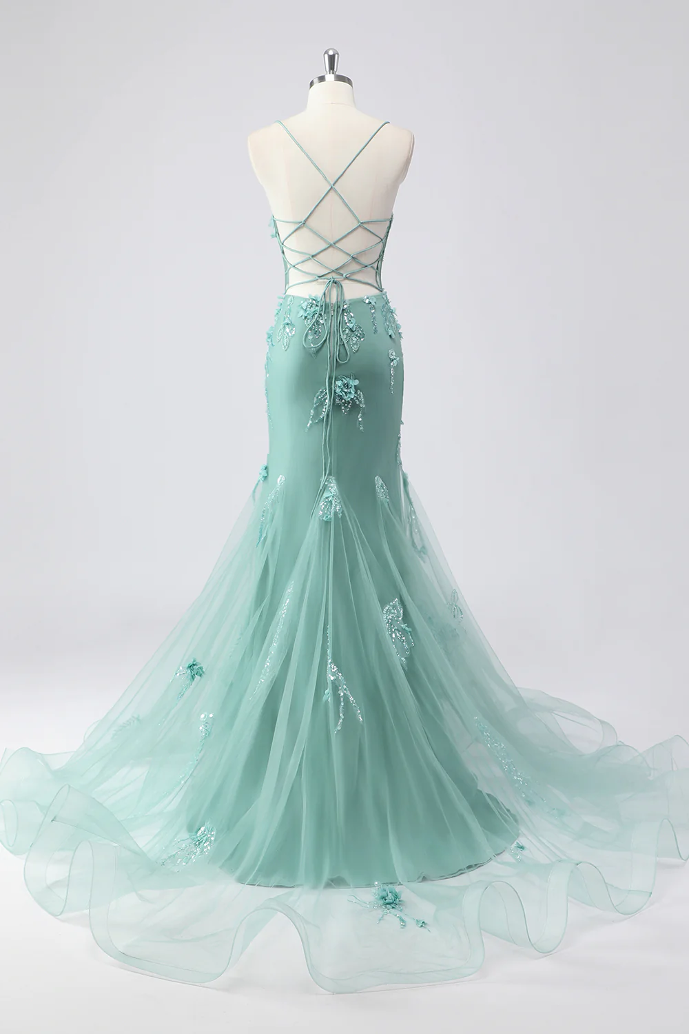 Elegant Spaghetti Strap V-Neck 3D Floral Beaded Mermaid Evening Dress with Lace-Up Back