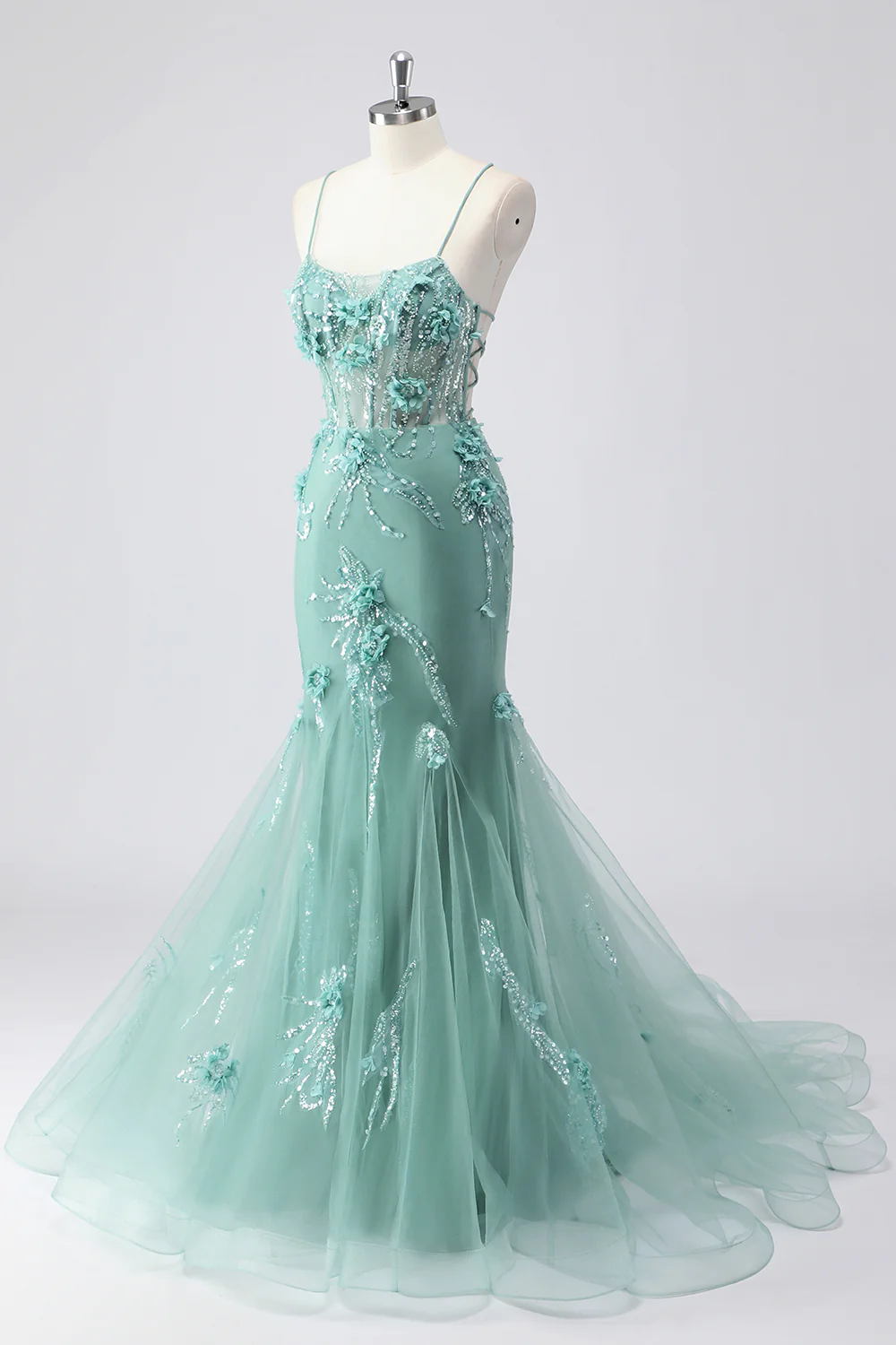 Elegant Spaghetti Strap V-Neck 3D Floral Beaded Mermaid Evening Dress with Lace-Up Back