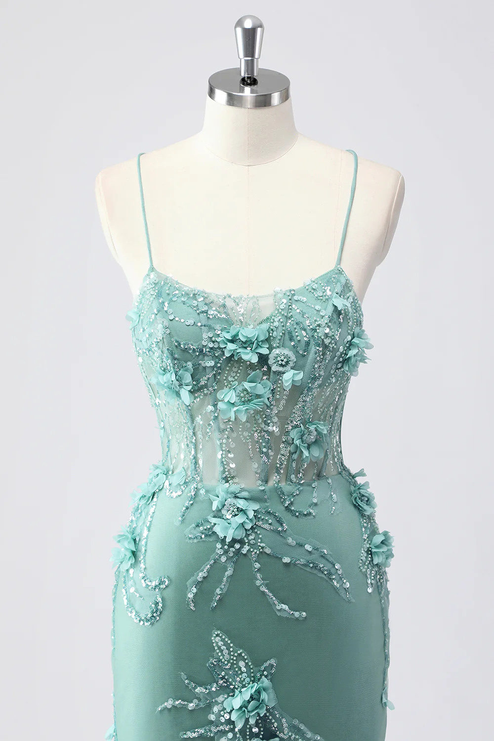 Elegant Spaghetti Strap V-Neck 3D Floral Beaded Mermaid Evening Dress with Lace-Up Back