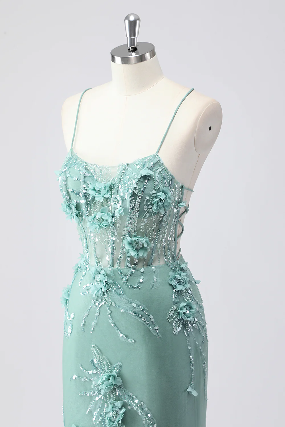 Elegant Spaghetti Strap V-Neck 3D Floral Beaded Mermaid Evening Dress with Lace-Up Back