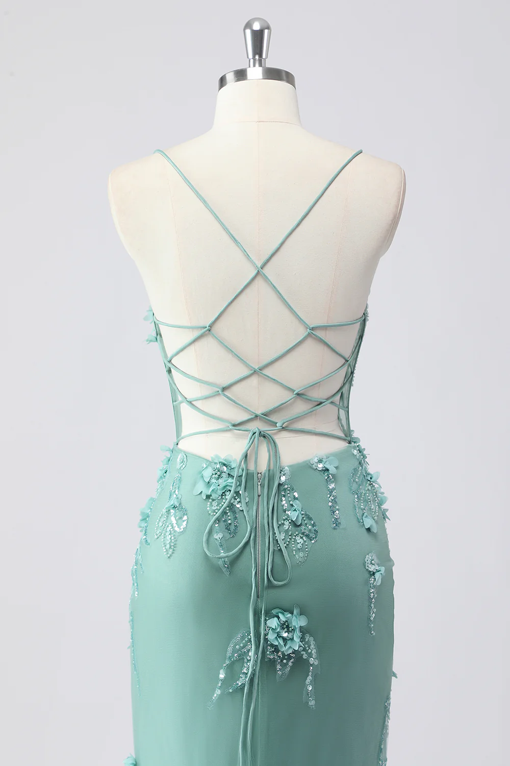 Elegant Spaghetti Strap V-Neck 3D Floral Beaded Mermaid Evening Dress with Lace-Up Back