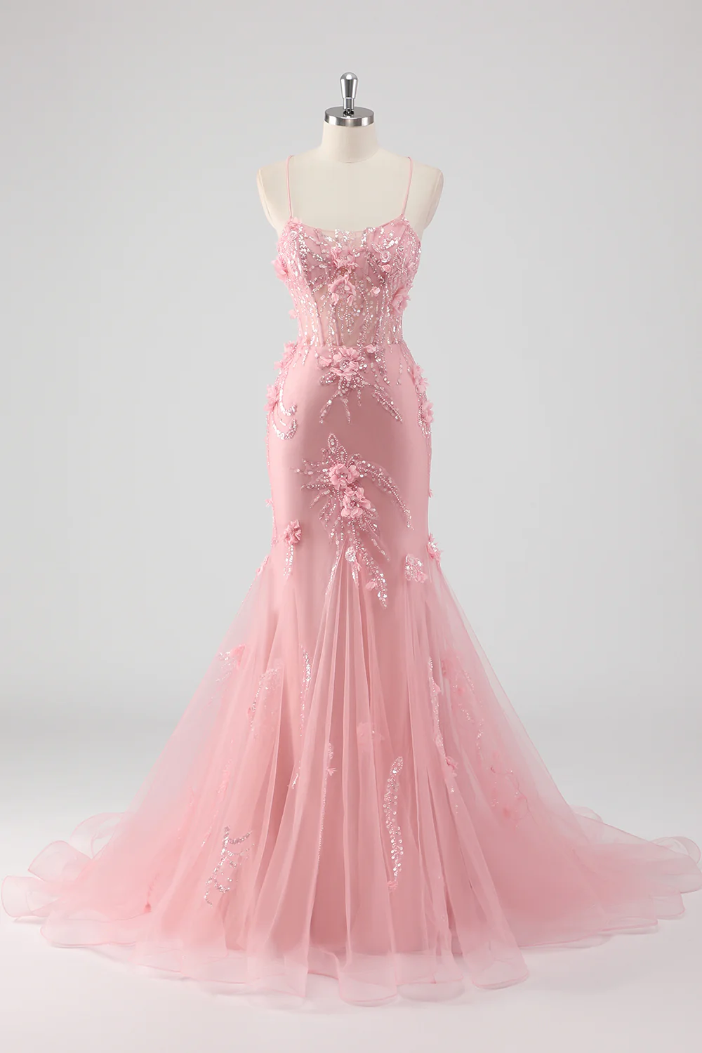 Elegant Spaghetti Strap V-Neck 3D Floral Beaded Mermaid Evening Dress with Lace-Up Back