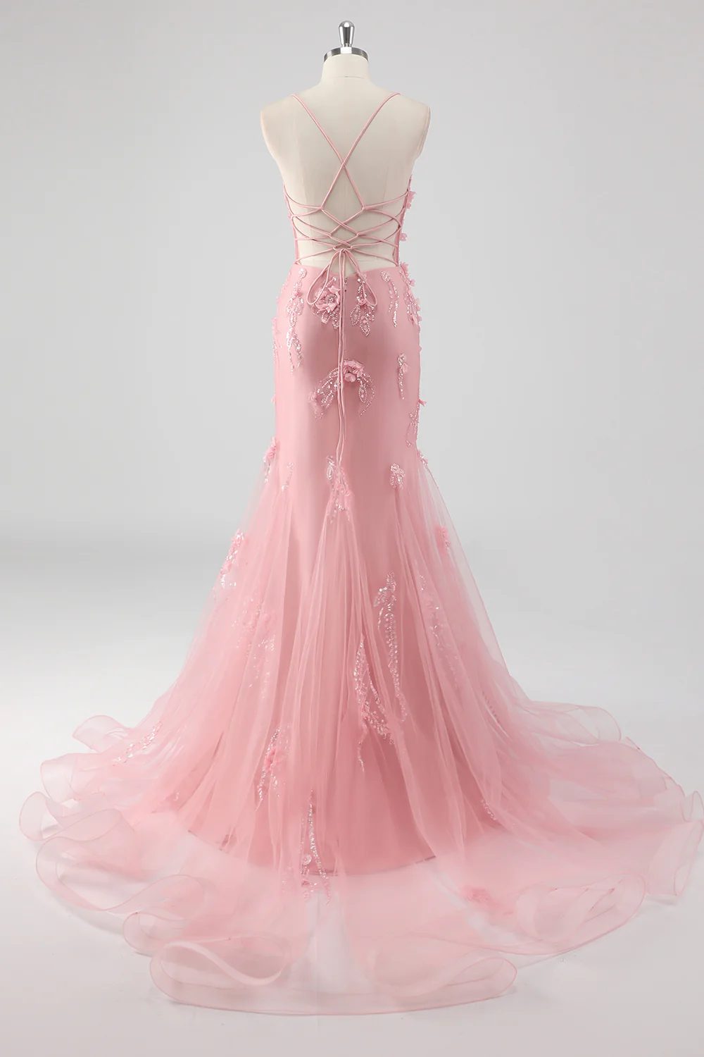 Elegant Spaghetti Strap V-Neck 3D Floral Beaded Mermaid Evening Dress with Lace-Up Back