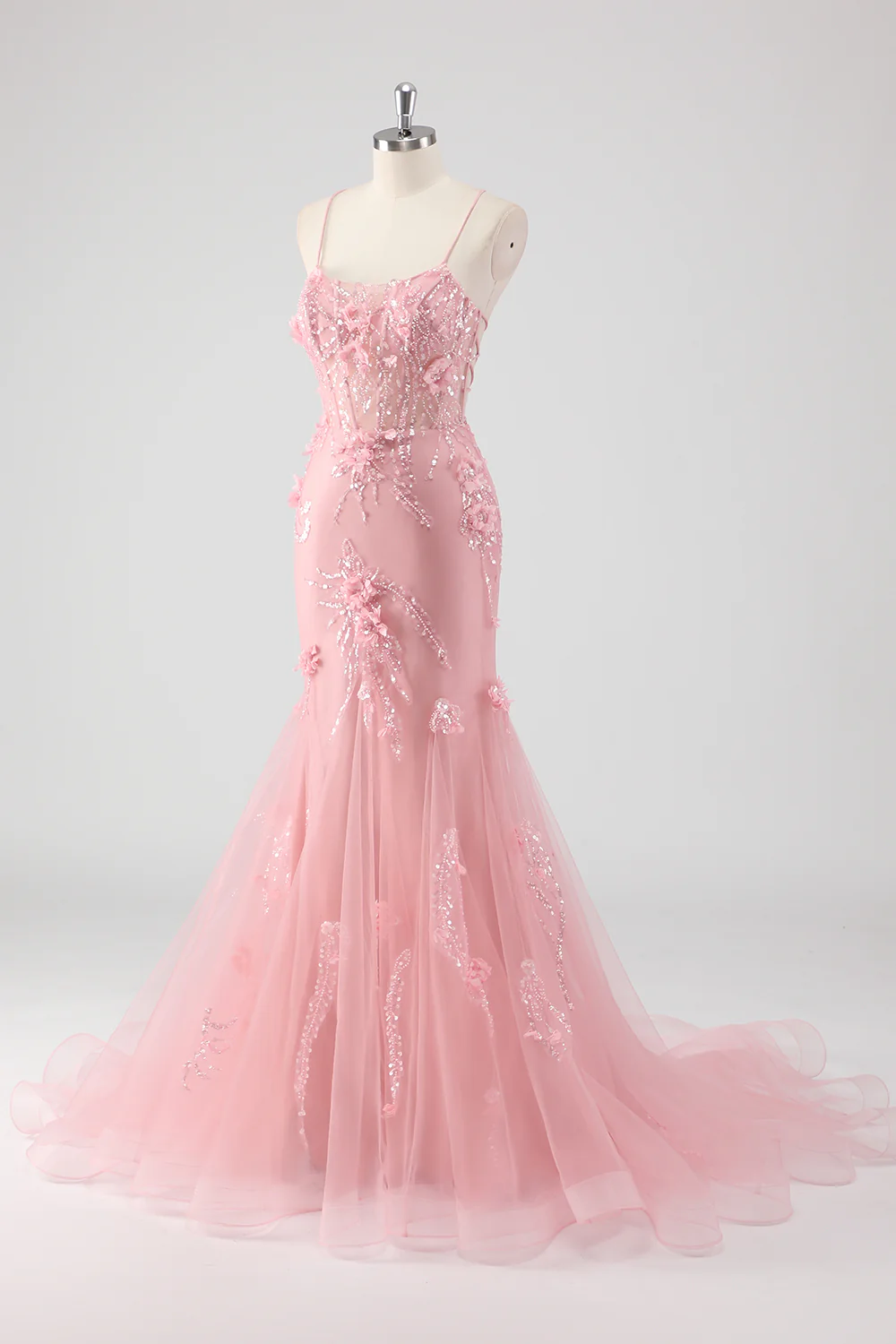 Elegant Spaghetti Strap V-Neck 3D Floral Beaded Mermaid Evening Dress with Lace-Up Back