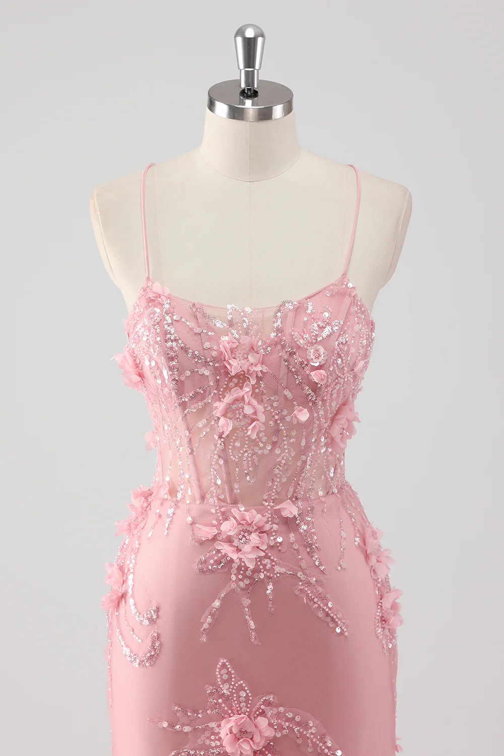 Elegant Spaghetti Strap V-Neck 3D Floral Beaded Mermaid Evening Dress with Lace-Up Back