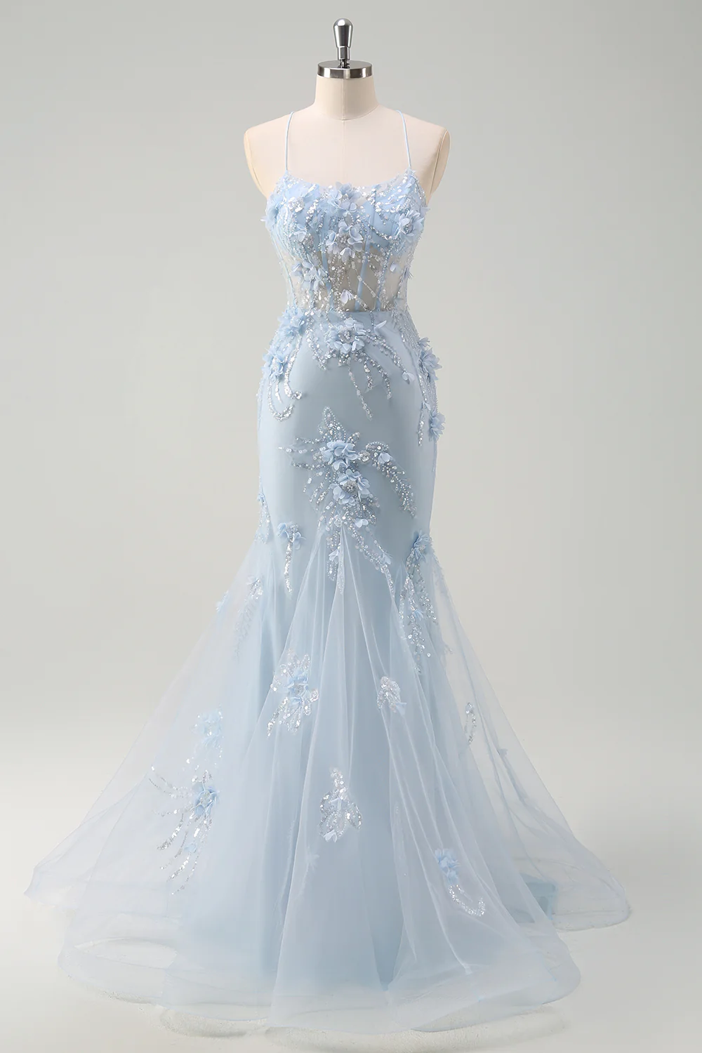 Elegant Spaghetti Strap V-Neck 3D Floral Beaded Mermaid Evening Dress with Lace-Up Back
