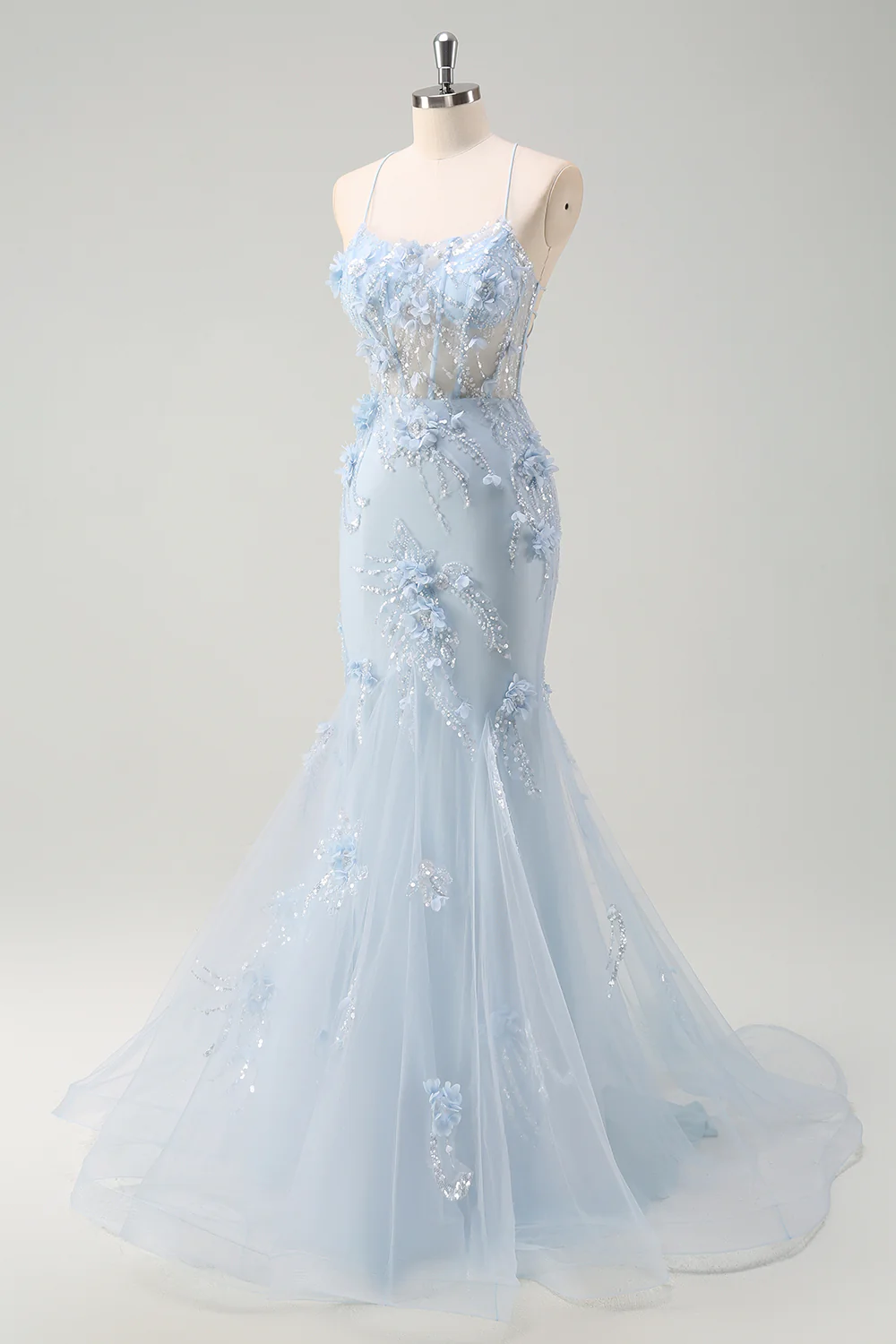 Elegant Spaghetti Strap V-Neck 3D Floral Beaded Mermaid Evening Dress with Lace-Up Back