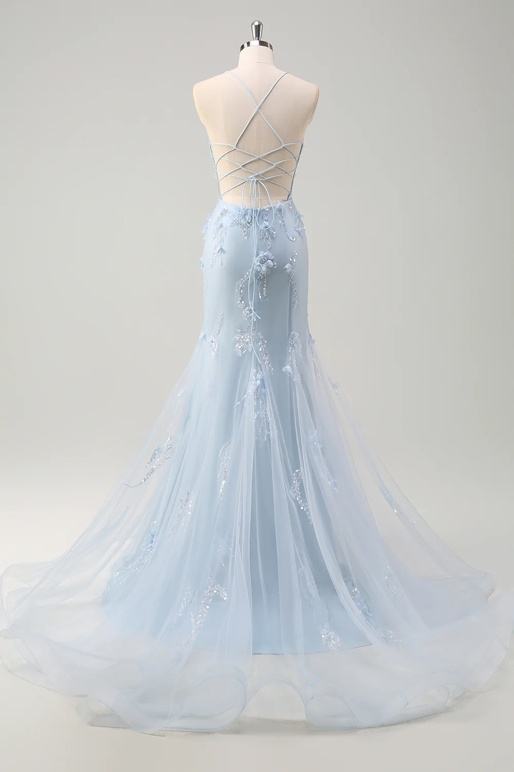 Elegant Spaghetti Strap V-Neck 3D Floral Beaded Mermaid Evening Dress with Lace-Up Back