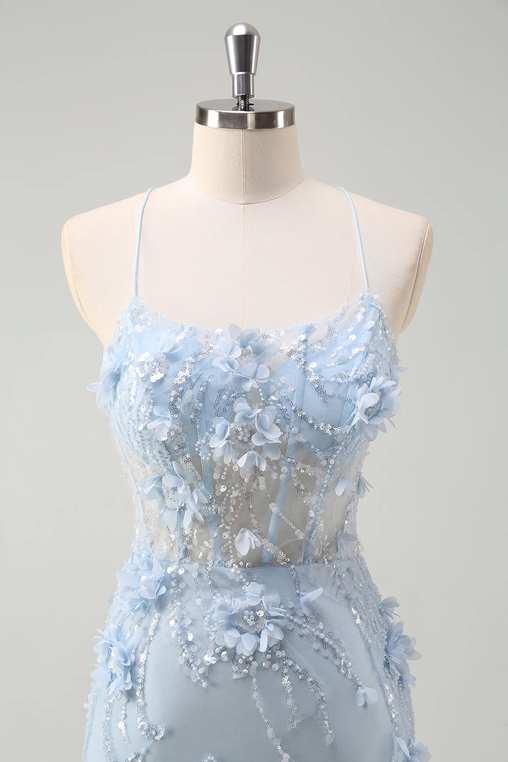 Elegant Spaghetti Strap V-Neck 3D Floral Beaded Mermaid Evening Dress with Lace-Up Back