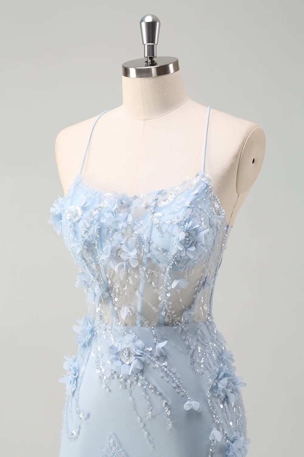 Elegant Spaghetti Strap V-Neck 3D Floral Beaded Mermaid Evening Dress with Lace-Up Back