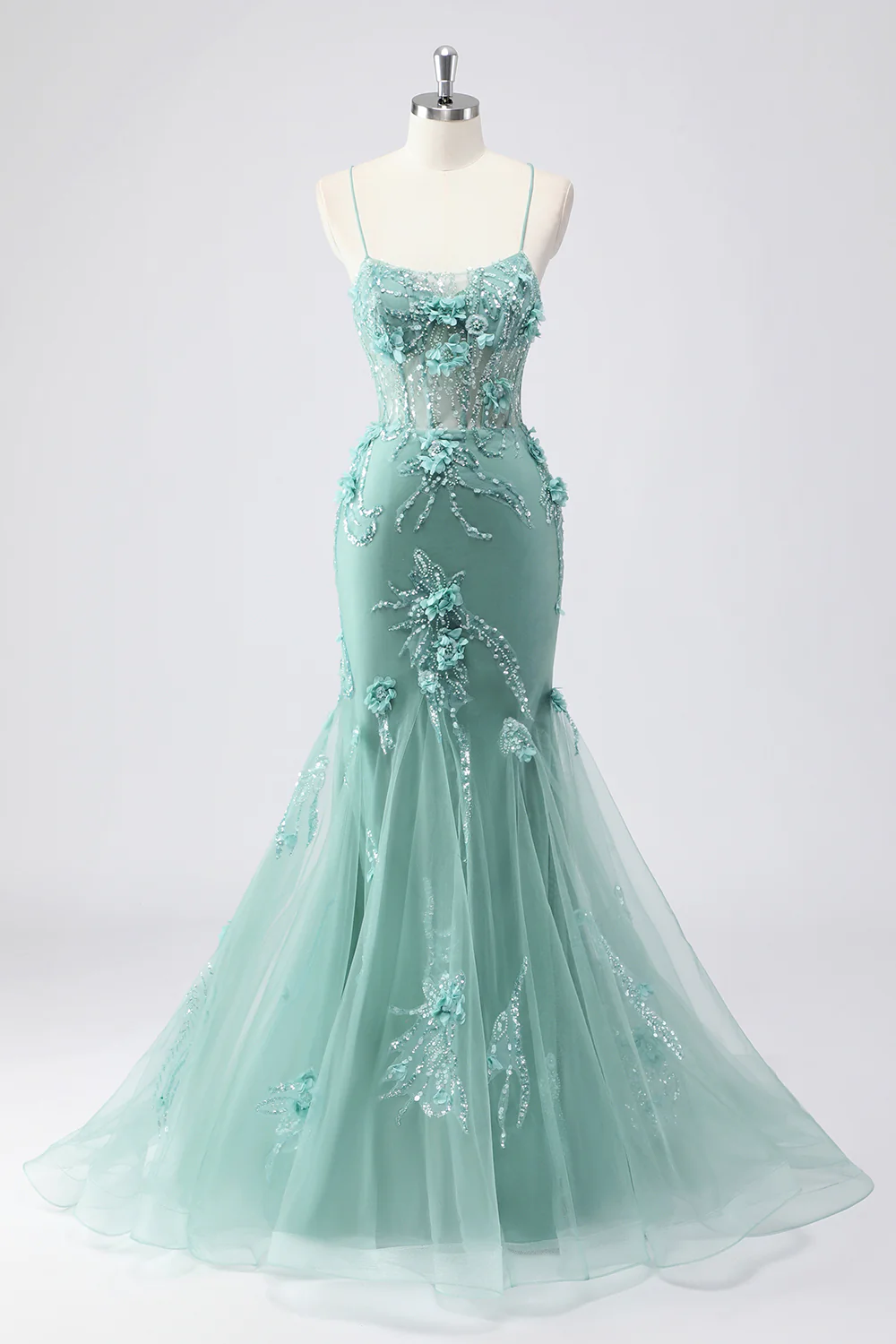 Elegant Spaghetti Strap V-Neck 3D Floral Beaded Mermaid Evening Dress with Lace-Up Back