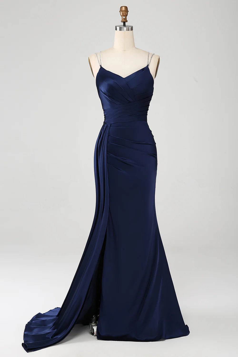 Elegant Spaghetti Strap V-Neck Satin Mermaid Evening Dress with Lace-Up Back