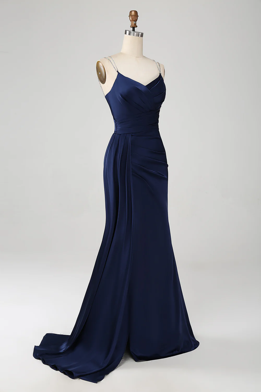 Elegant Spaghetti Strap V-Neck Satin Mermaid Evening Dress with Lace-Up Back