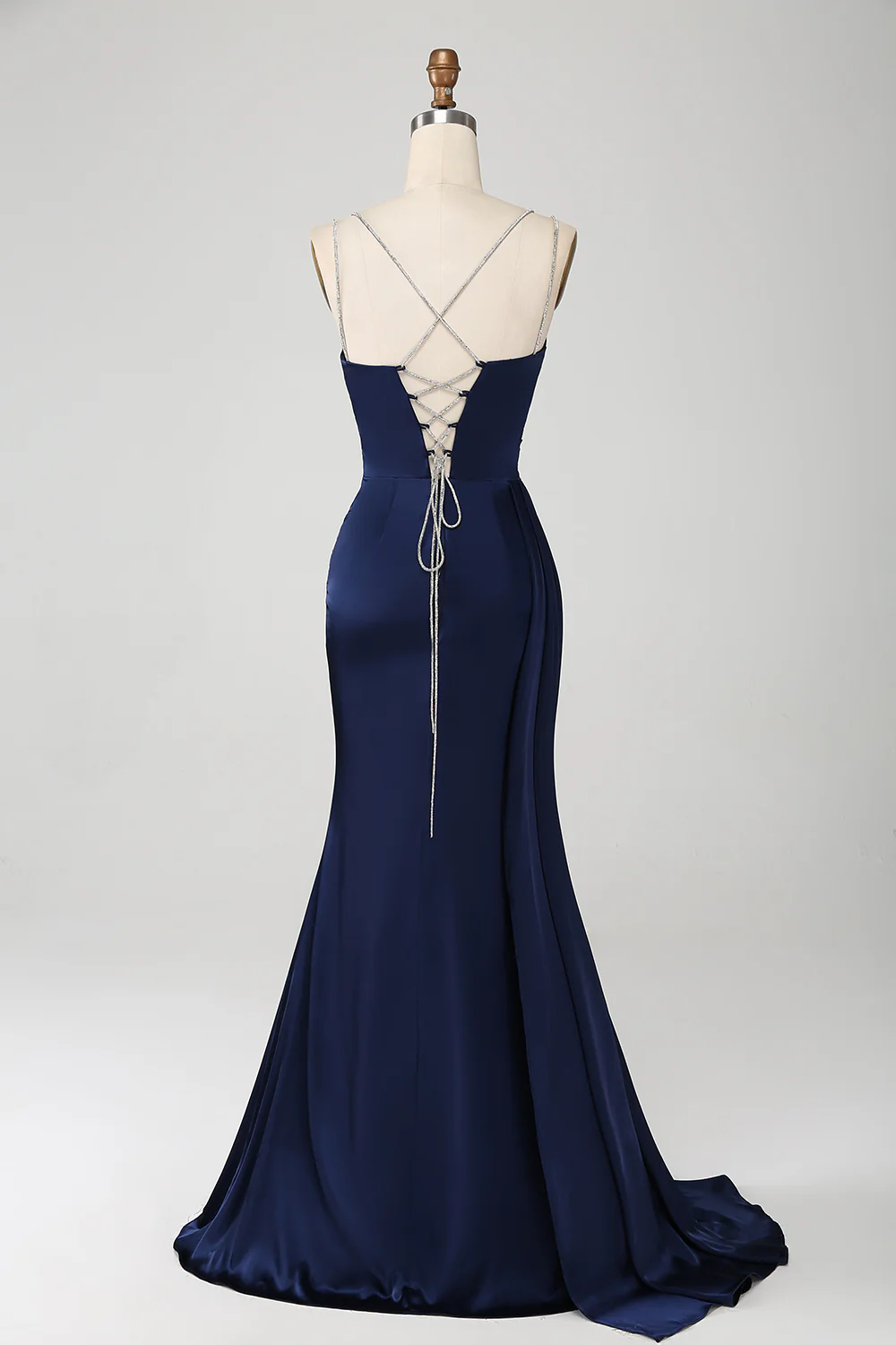 Elegant Spaghetti Strap V-Neck Satin Mermaid Evening Dress with Lace-Up Back