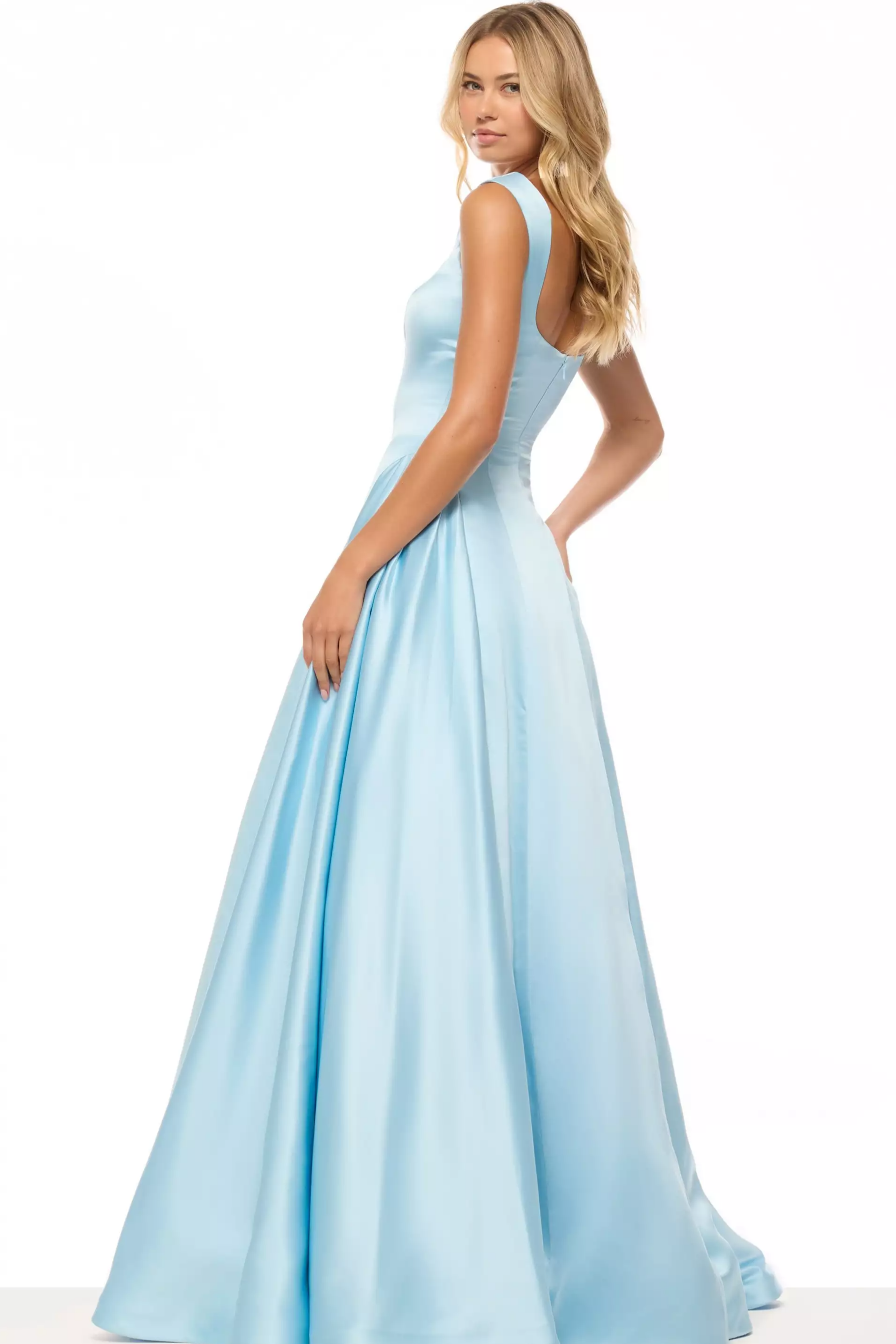Elegant Square Neck Cap Sleeve Open Back Pocket Satin Ball Gown Prom Dress