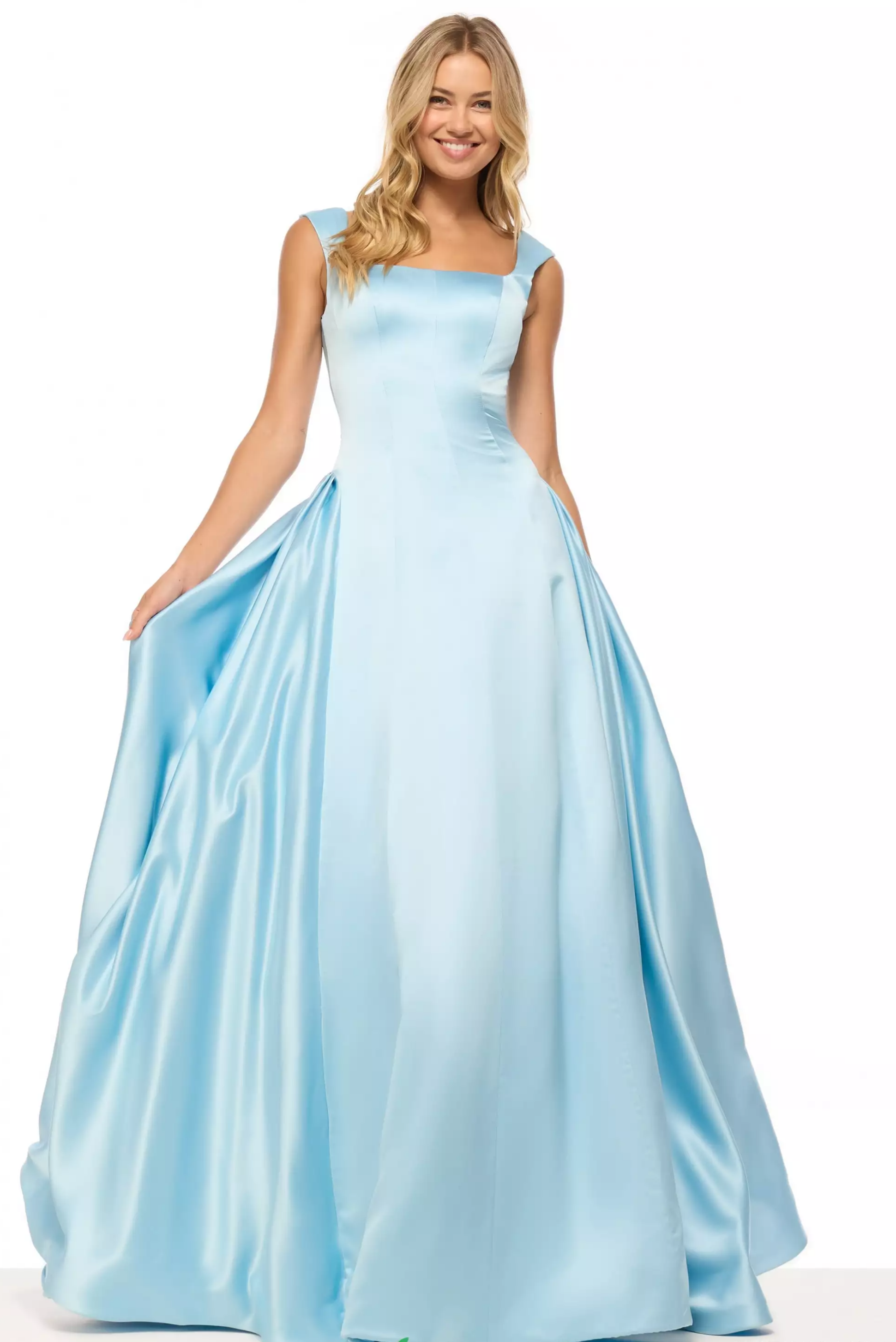 Elegant Square Neck Cap Sleeve Open Back Pocket Satin Ball Gown Prom Dress